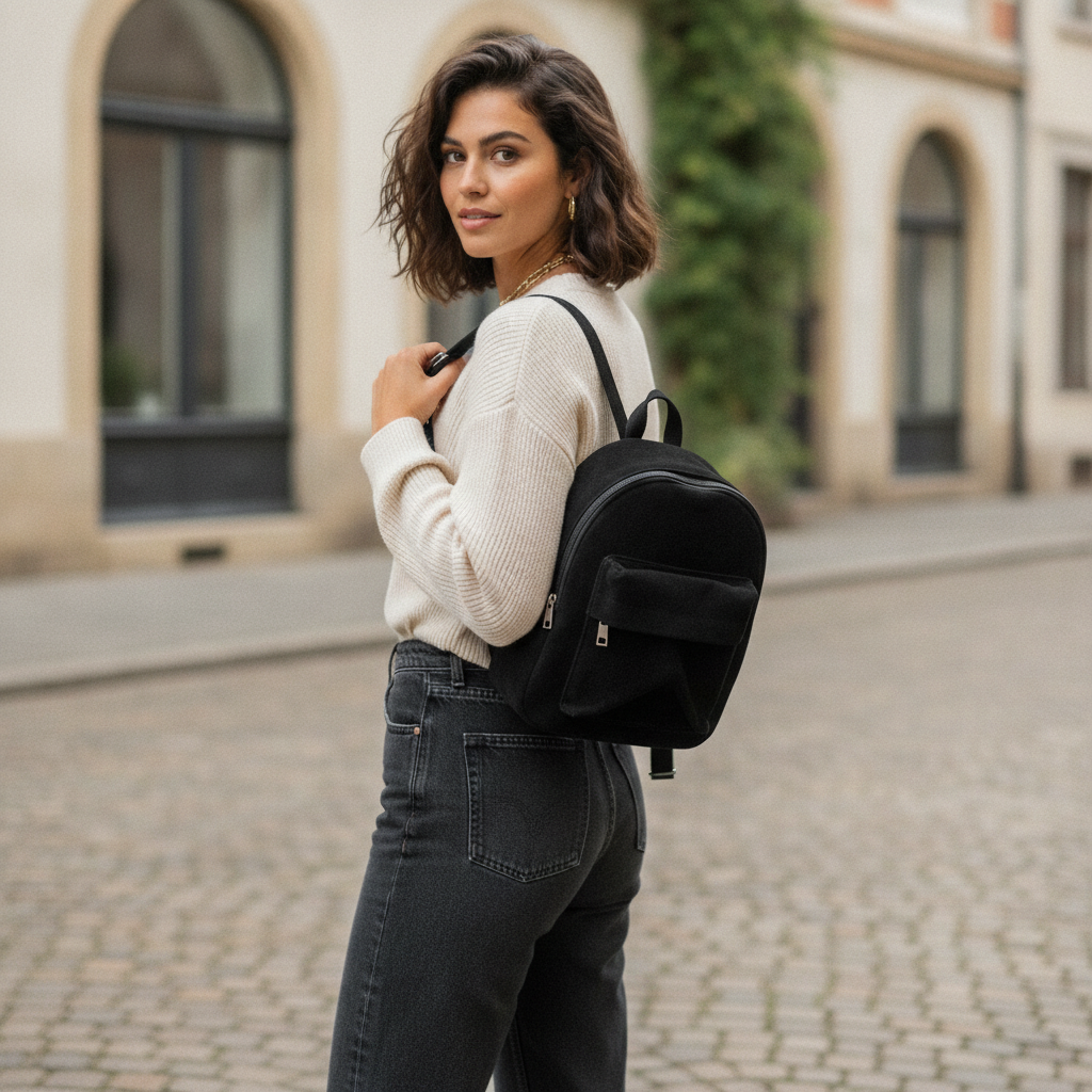 Mochila de Gamuza con Bolsillo Frontal