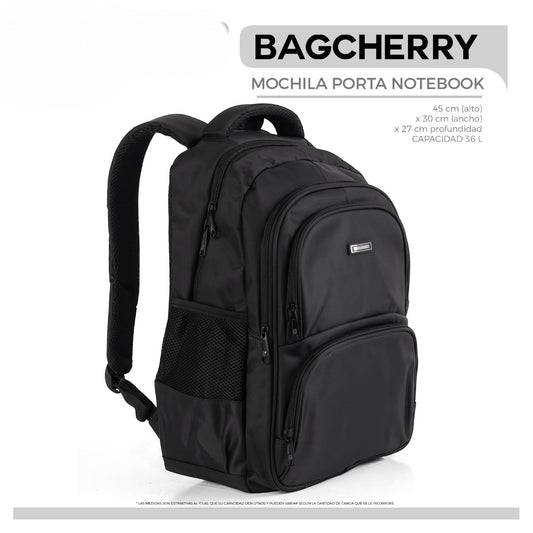 Mumma Accesorios de Moda black 36L laptop backpack with padded compartment, organizer pockets, and ventilated back.