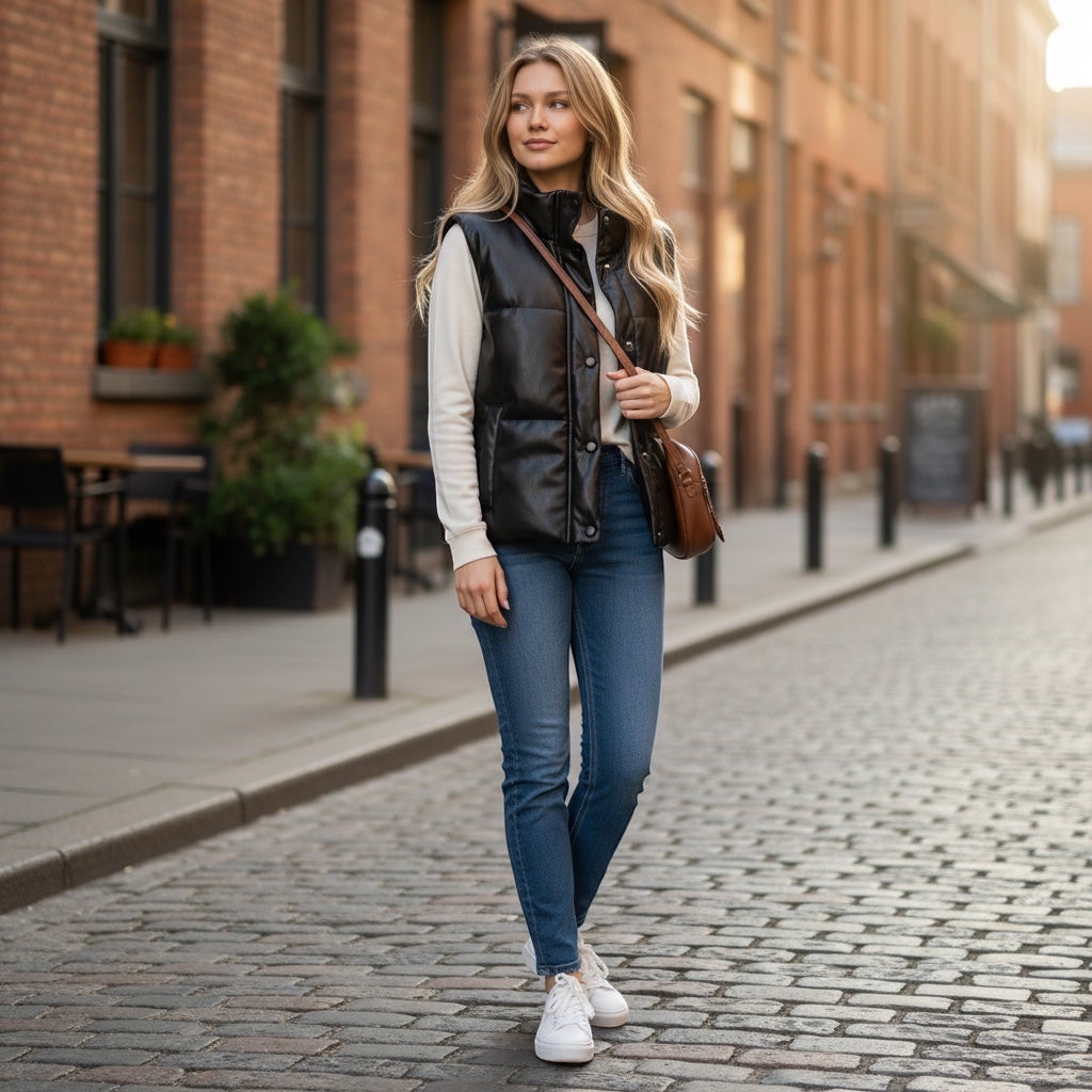Mumma Accesorios de Moda black padded puffer vest with high neck, worn by a woman with a cream sweater and blue jeans.