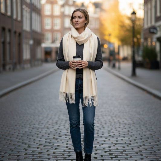 Mumma Accesorios de Moda cream woven scarf with fringe detail, worn by a woman holding a coffee cup on a cobblestone street.