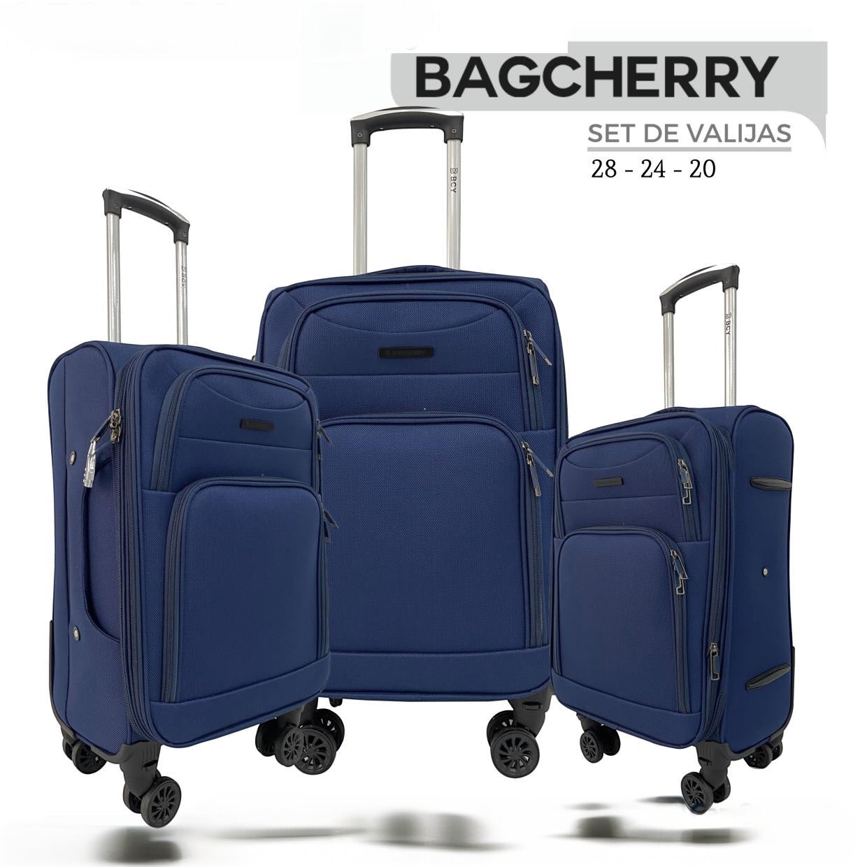 Mumma Accesorios de Moda set of three blue fabric suitcases in 28, 24, and 20 inch sizes with spinner wheels