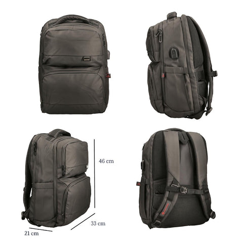 Mumma Accesorios de Moda black laptop backpack with USB charging port, padded compartments, and multiple pockets.