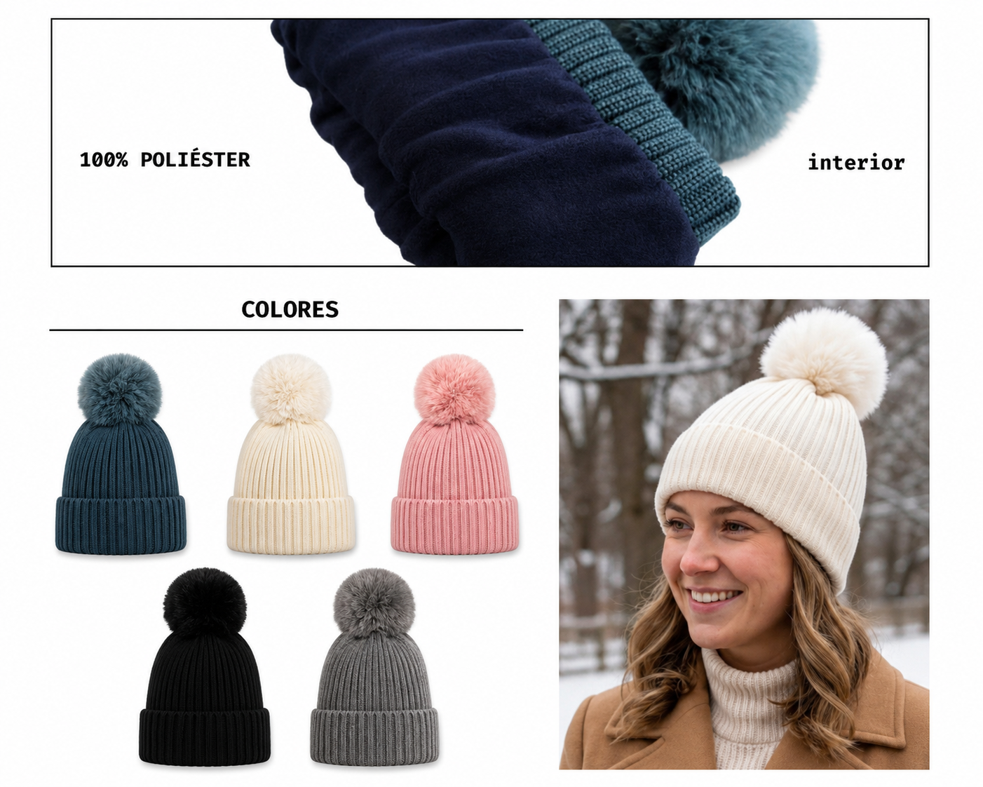 Pack x2 Gorros con Pompon Invierno Mujer