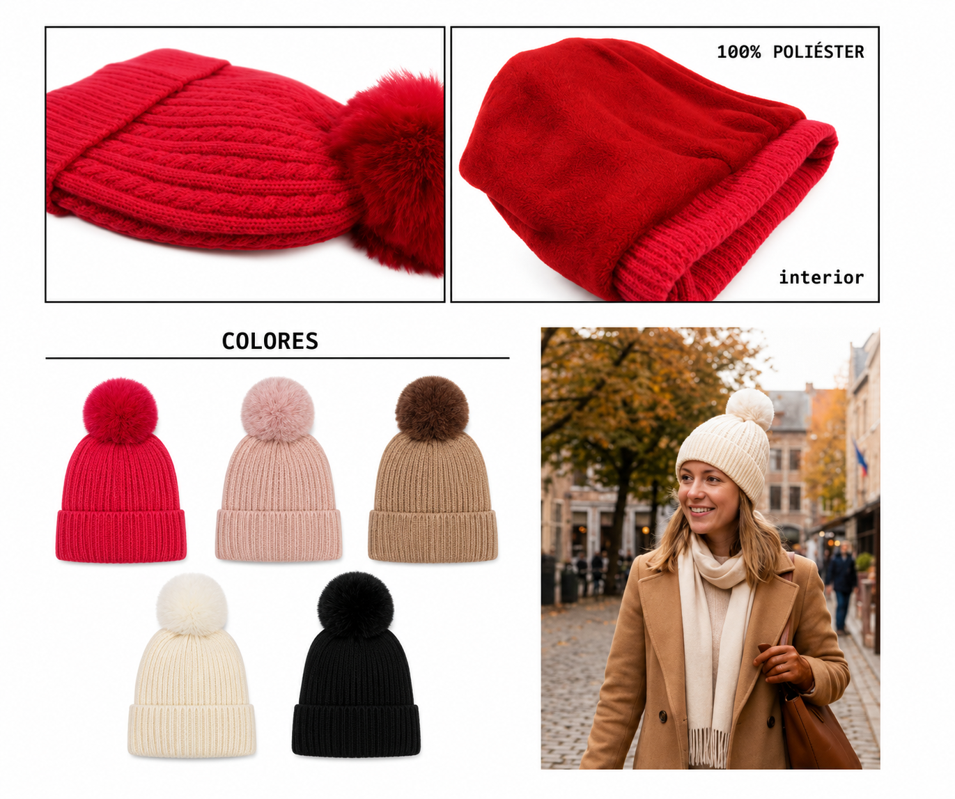 Pack x2 Gorros con Pompon Invierno Mujer