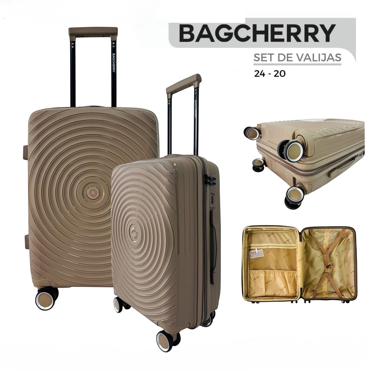 Mumma Accesorios de Moda set of two beige polypropylene hard-shell suitcases with 360-degree wheels and handles.
