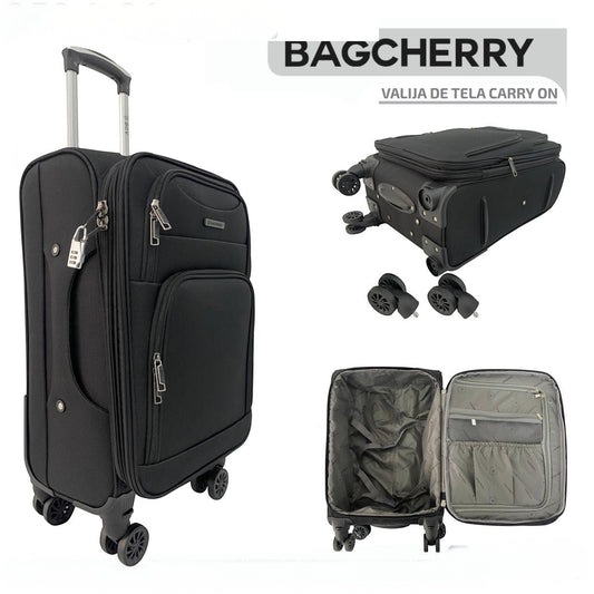 Mumma Accesorios de Moda Estambul black fabric carry-on suitcase with spinner wheels and telescopic handle