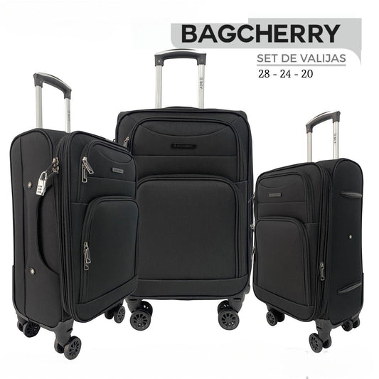 Mumma Accesorios de Moda set of three black fabric suitcases with telescopic handles and spinner wheels