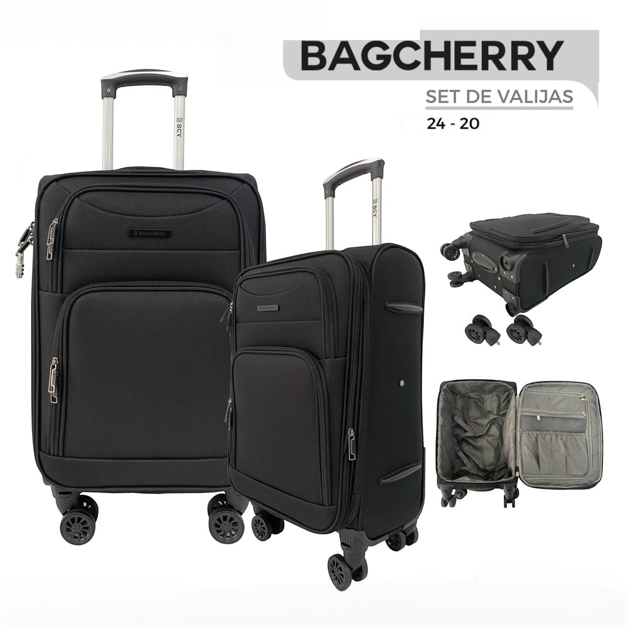 Mumma Accesorios de Moda set of two black fabric suitcases with telescopic handles and 360-degree spinner wheels.