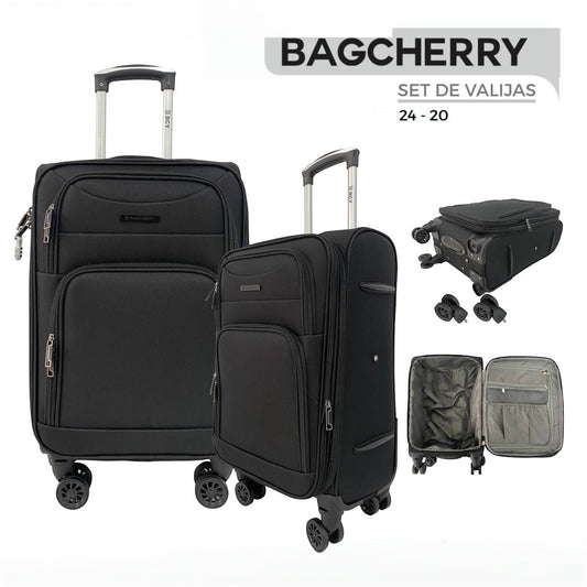 Mumma Accesorios de Moda set of two black fabric suitcases with telescopic handles and 360-degree spinner wheels.