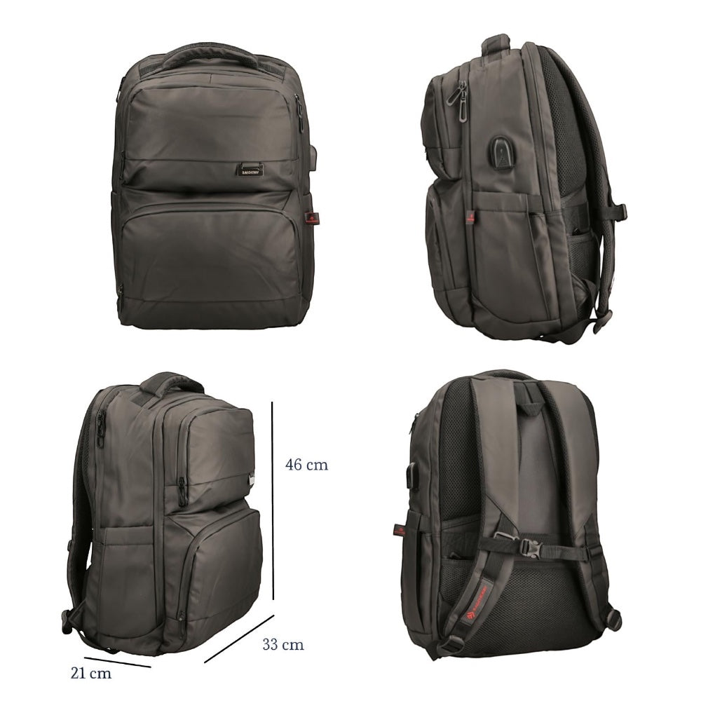 Mumma Accesorios de Moda black laptop backpack with USB charging port, padded compartments, and multiple pockets.