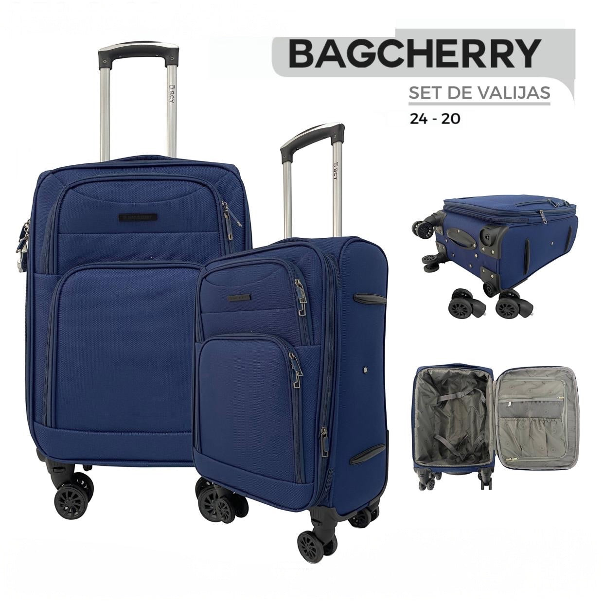 Mumma Accesorios de Moda set of two blue fabric suitcases with 360-degree spinner wheels and telescopic handles.