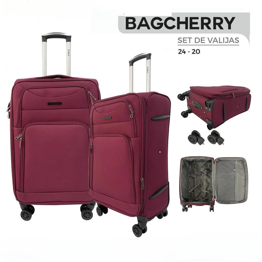 Mumma Accesorios de Moda set of two burgundy fabric suitcases with spinner wheels and telescopic handles