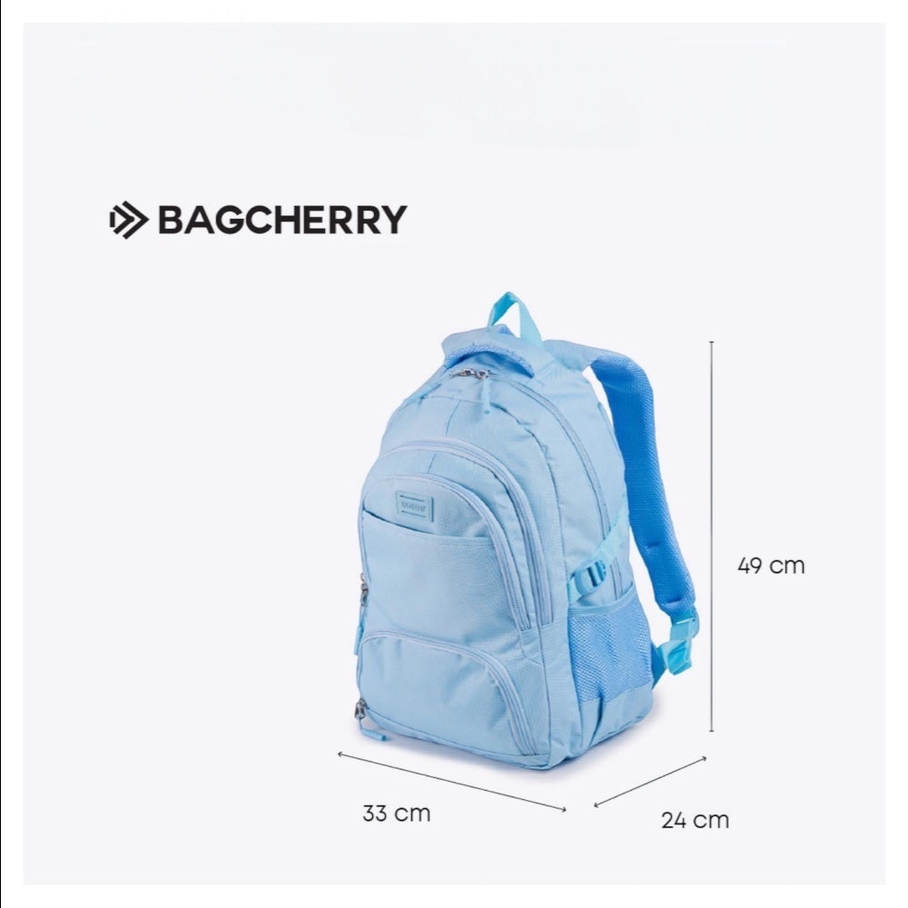 Mumma Accesorios de Moda Cielo light blue urban backpack with laptop compartment, side bottle pocket, and dimensions