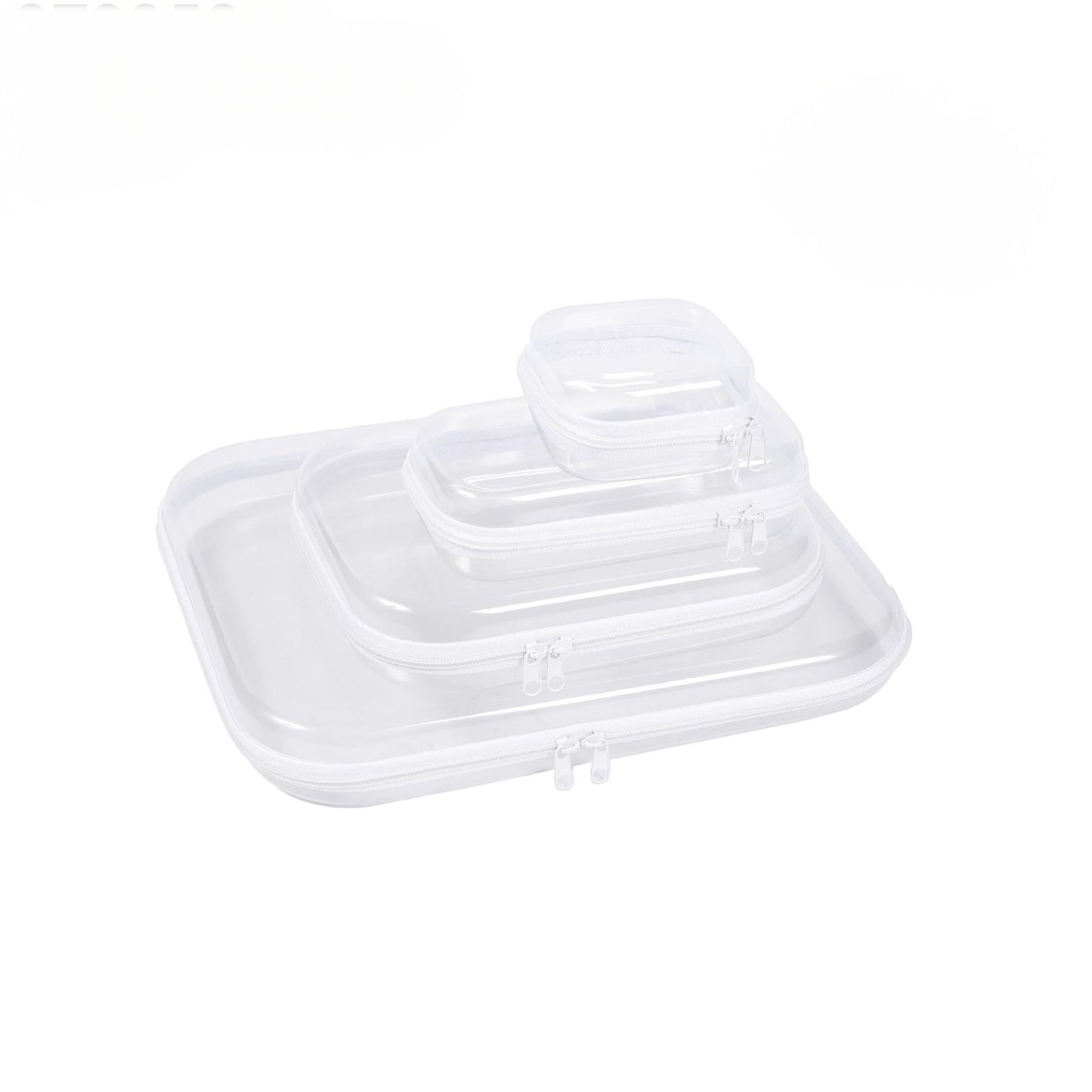 Mumma Accesorios de Moda set of clear stackable travel organizer pouches with white zippers in various sizes