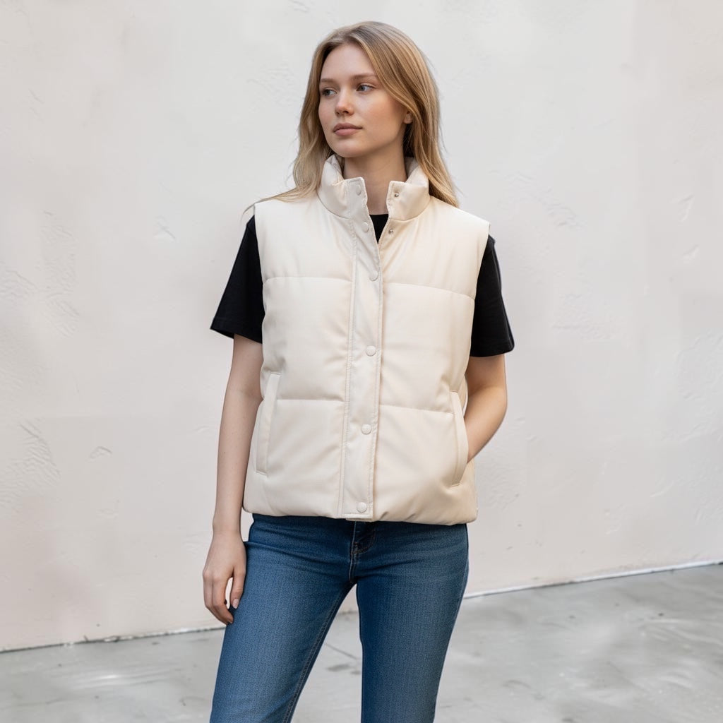 Mumma Accesorios de Moda cream puffer vest with high neck and snap closure, worn by a woman with jeans.
