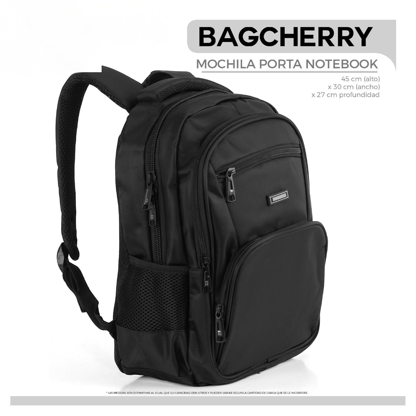 Mumma Accesorios de Moda Emisario black laptop backpack with padded compartment, organizer pockets, and mesh back