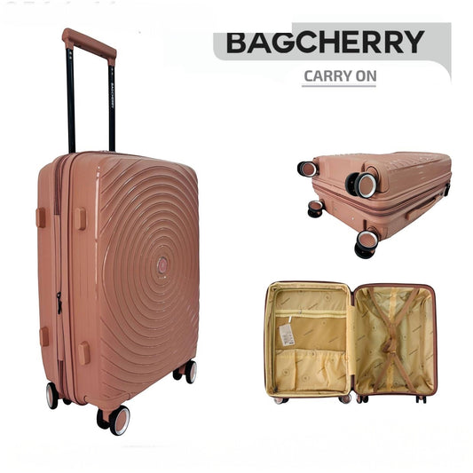 Mumma Accesorios de Moda Lisboa pink carry-on suitcase with 360-degree wheels, telescopic handle, and interior lining.