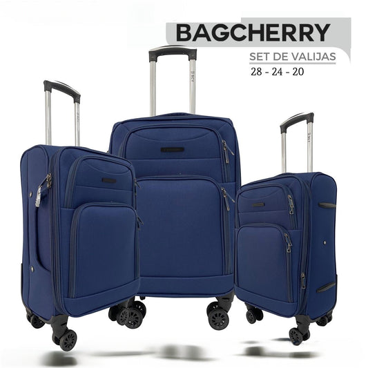 Mumma Accesorios de Moda set of three blue fabric suitcases in 28, 24, and 20 inch sizes with spinner wheels