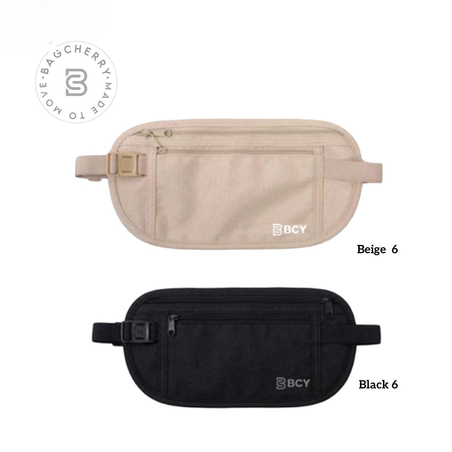 Mumma Accesorios de Moda set of two travel money belts in beige and black with adjustable straps and zipper closures