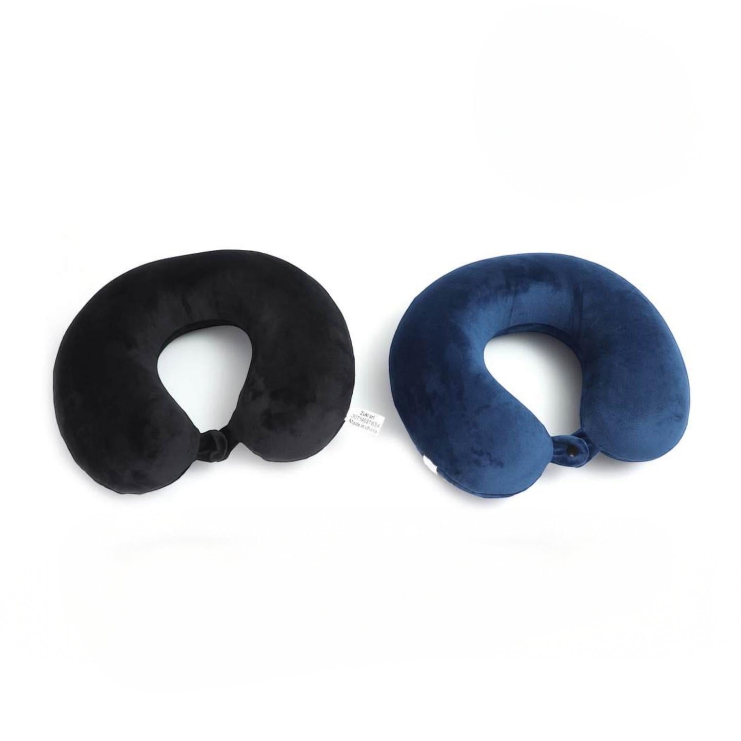 Mumma Accesorios de Moda set of two soft travel neck pillows in black and dark blue with adjustable rear closures.