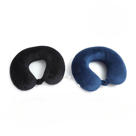 Mumma Accesorios de Moda set of two soft travel neck pillows in black and dark blue with adjustable rear closures.