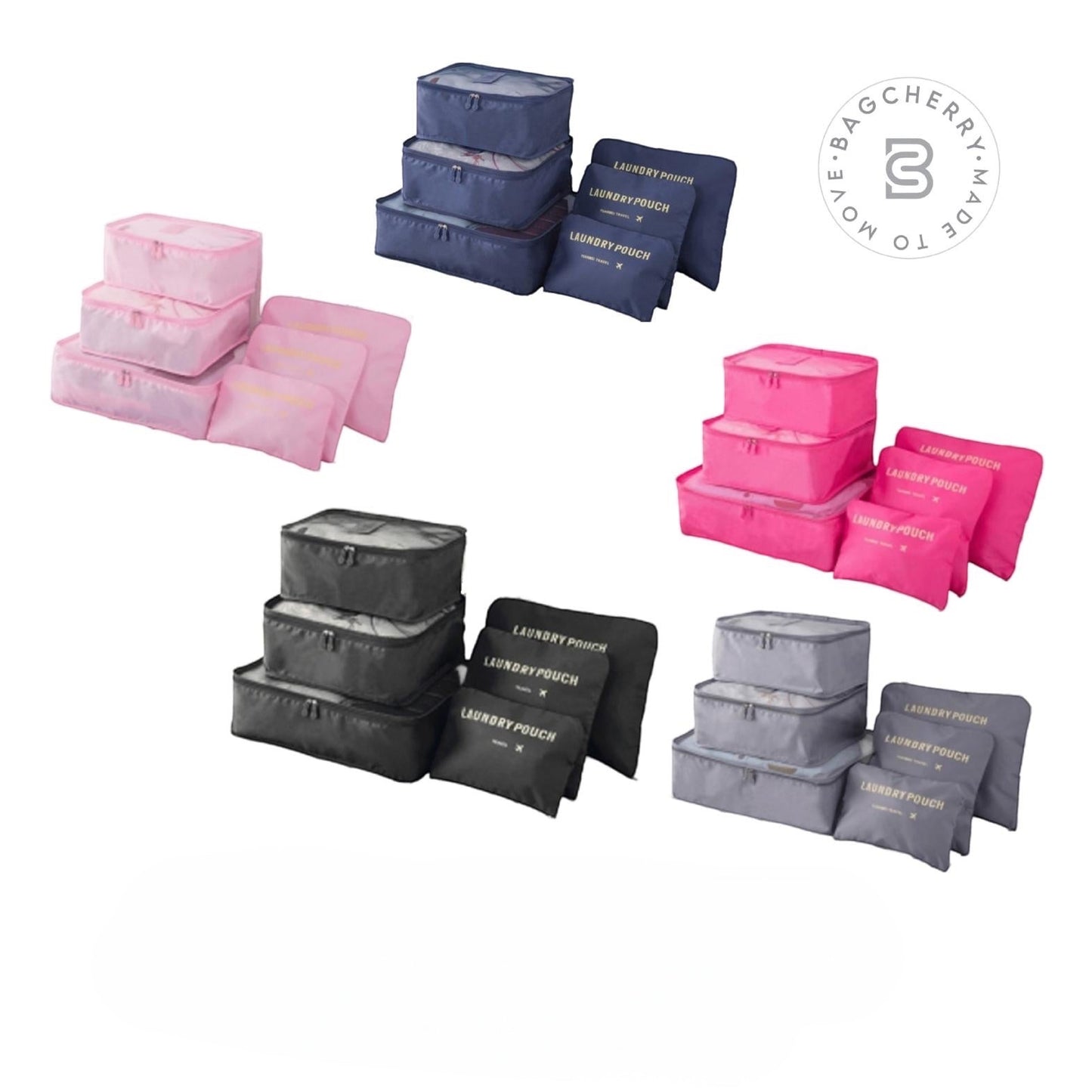 Mumma Accesorios de Moda 5-piece travel packing cube set in pink, navy, black, grey, and fuchsia with zipper handles